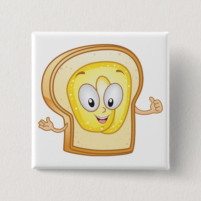 Buttered Toast Cartoon Character Happy Bread Button (Front)
