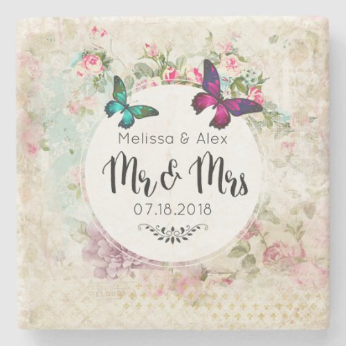 Butterflie on a Floral Vintage Collage Mr and Mrs Stone Coaster