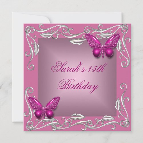 Butterflies 15th Birthday Party Silver Pink Flower Invitation