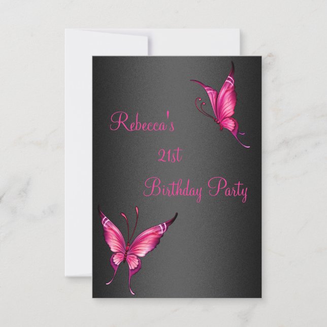Butterflies 21st Birthday Party Pink Black Invitation (Front)