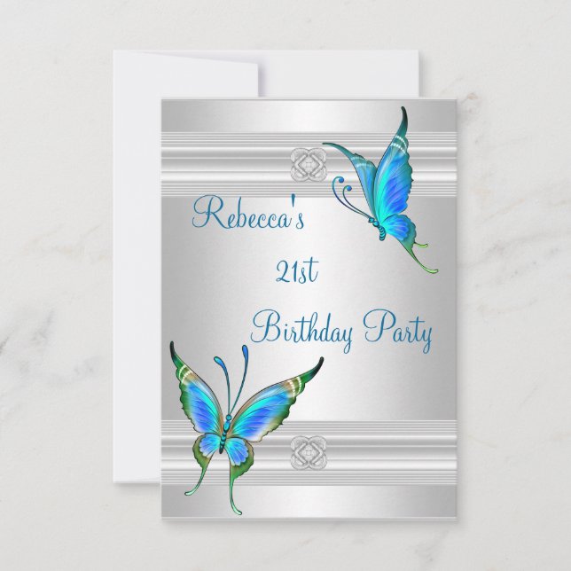 Butterflies 21st Birthday Party White Silver Teal Invitation (Front)
