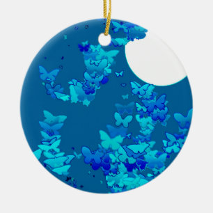 Butterflies against blue night sky, moonscape ceramic ornament