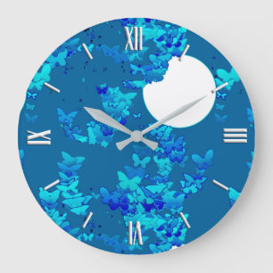 Butterflies against blue night sky, moonscape large clock