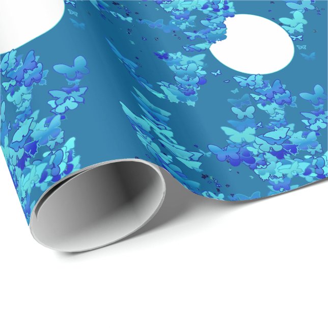 Butterflies against blue night sky, moonscape wrapping paper (Roll Corner)