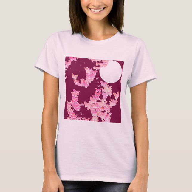 Butterflies against night sky, pink burgundy T-Shirt (Front)