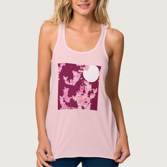 Butterflies against night sky, pink burgundy tank top (Front)