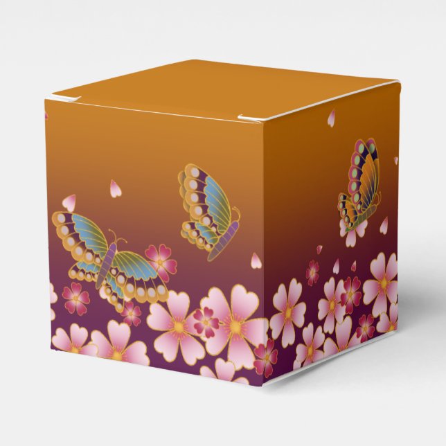 Butterflies Amid Sakura Blossoms Customizable Gold Favor Boxes (Front Side)