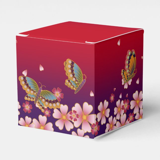 Butterflies Amid Sakura Blossoms Customizable Red Favor Boxes (Front Side)