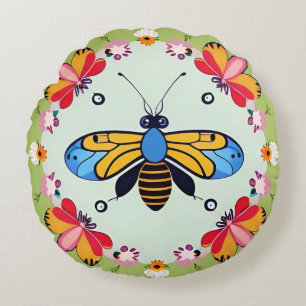 Butterflies and Bees Adorned with Flowers Round Pillow