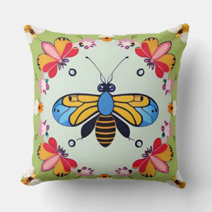Butterflies and Bees Adorned with Flowers Throw Pillow