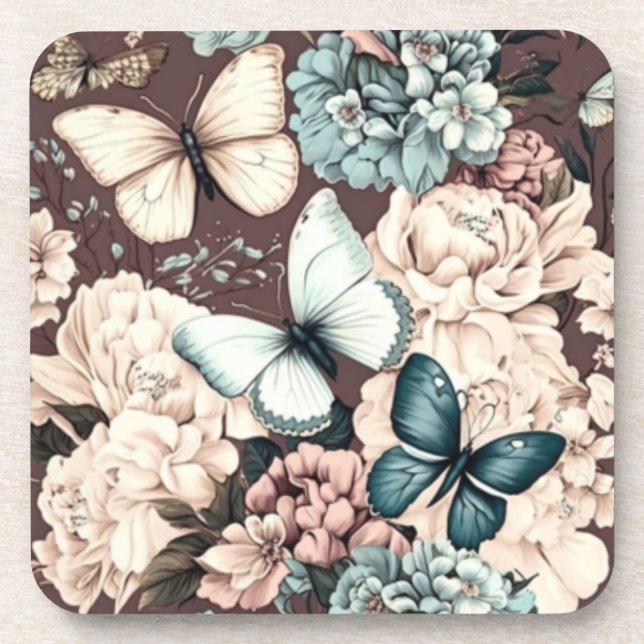 Butterflies and brown flowers beverage coaster (Front)
