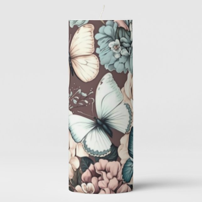 Butterflies and brown flowers pillar candle (Front)