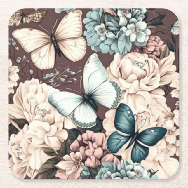 Butterflies and brown flowers square paper coaster (Front)