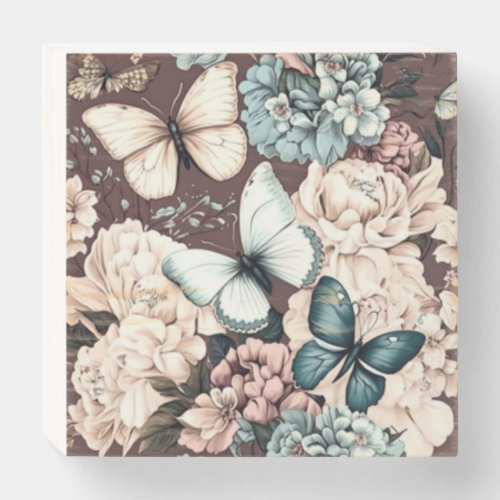 Butterflies and brown flowers wooden box sign