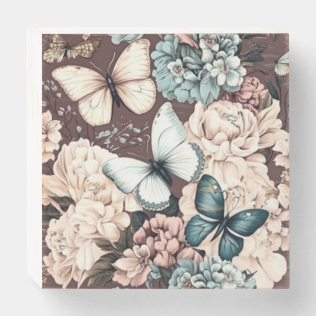 Butterflies and brown flowers wooden box sign (Front Horizontal)