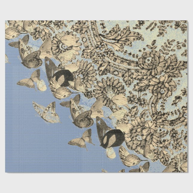 BUTTERFLIES AND CHANTILLY LACE BLUE Wrapping Paper (Flat)