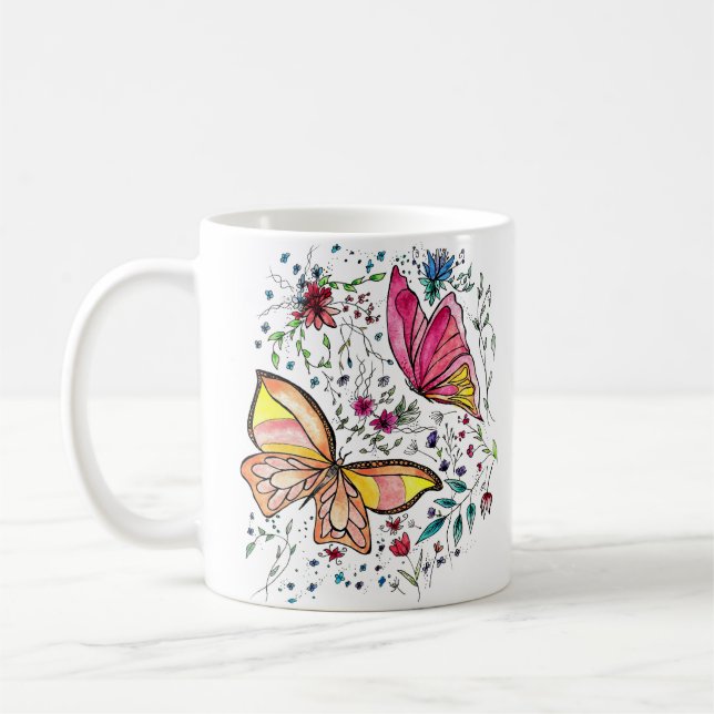 Butterflies and custom name coffee mug (Left)
