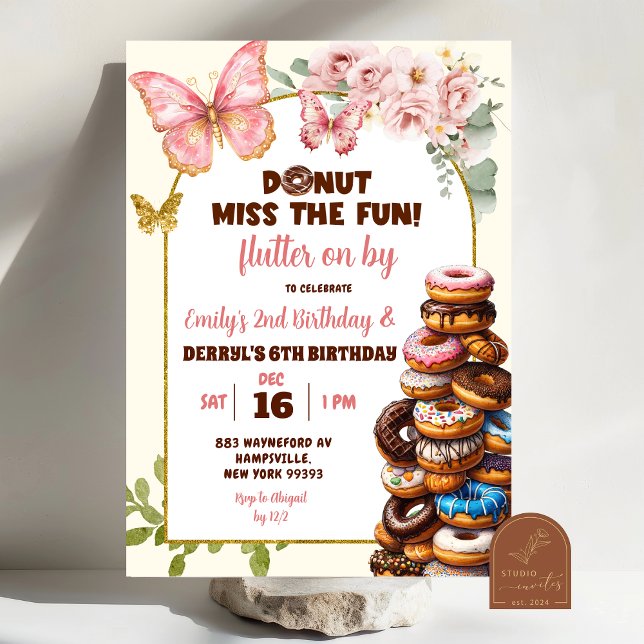 Butterflies and Donuts Joint Birthday  Invitation (Creator Uploaded)