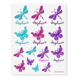 Butterflies and dragonflies personalized name art temporary tattoos