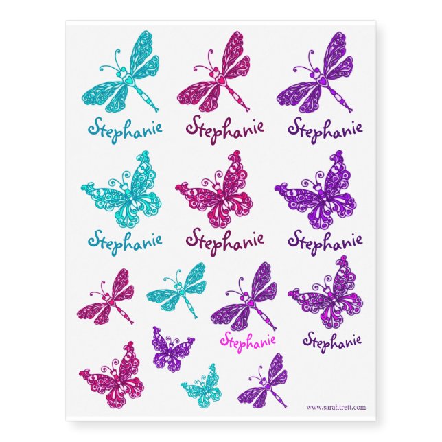 Butterflies and dragonflies personalized name art temporary tattoos (Front)