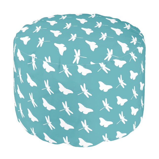 Butterflies and Dragonflies Teal and White Pattern Pouf (Angled Front)