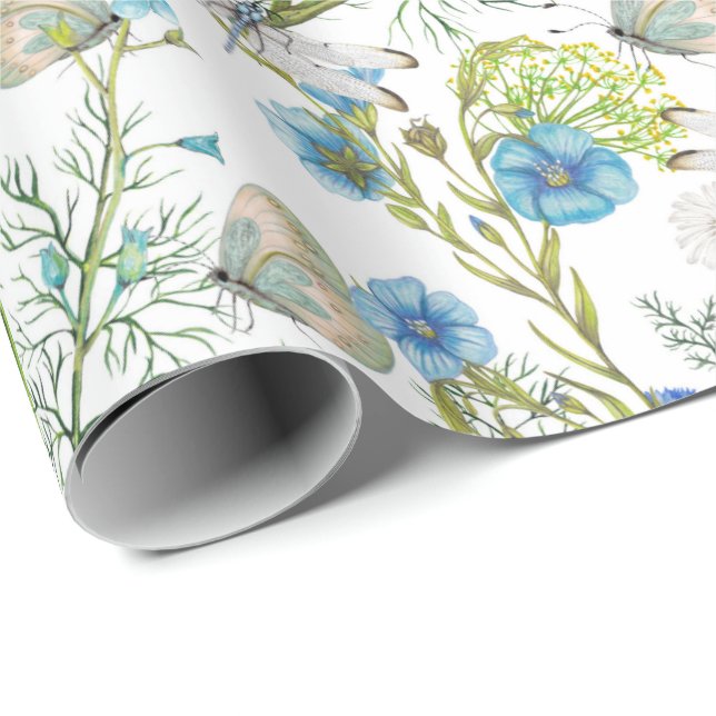 Butterflies and Dragons Flies with Flowers Wrapping Paper (Roll Corner)
