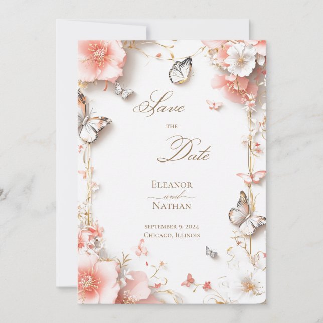 Butterflies and floral Save the date Invitation (Front)