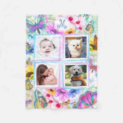 Butterflies and flowers 4 Photo Collage Monogram Fleece Blanket