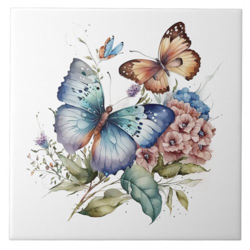 Butterflies and Flowers and Greenery  Ceramic Tile