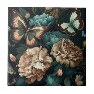 Butterflies and flowers dark classic design ceramic tile