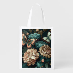 Butterflies and flowers dark classic design grocery bag