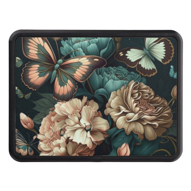 Butterflies and flowers dark classic design hitch cover (Front)