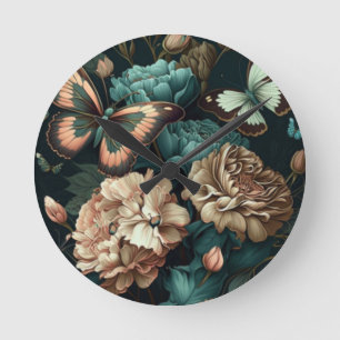 Butterflies and flowers dark classic design round clock