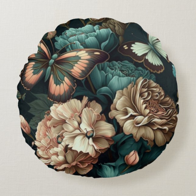 Butterflies and flowers dark classic design round pillow (Front)