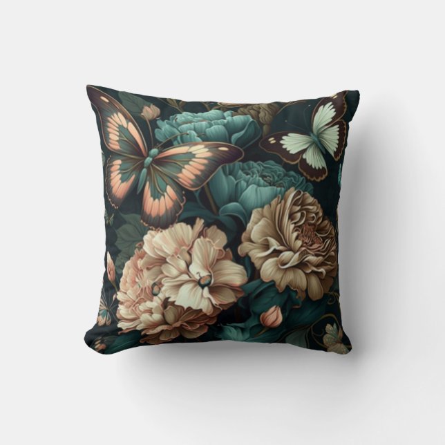 Butterflies and flowers dark classic design throw pillow (Front)
