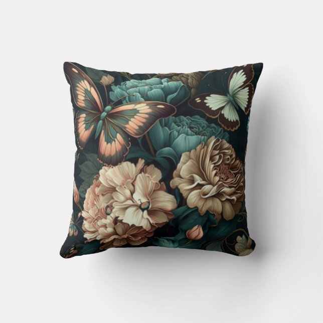 Butterflies and flowers dark classic design throw pillow (Back)