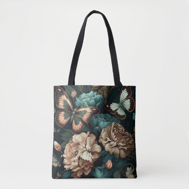 Butterflies and flowers dark classic design tote bag (Front)