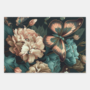 Butterflies and flowers dark classic design wrapping paper sheets