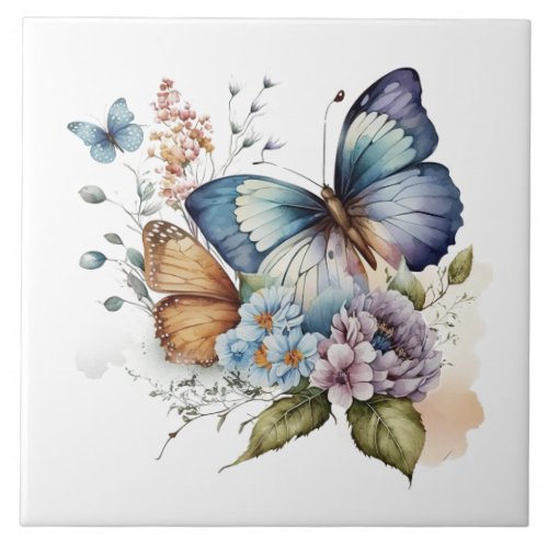 Butterflies and Flowers Floral  Ceramic Tile