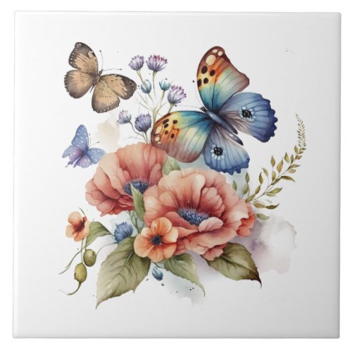 Butterflies and Flowers Greenery  Ceramic Tile