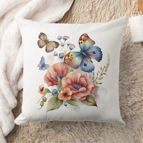 Butterflies and Flowers Greenery  Throw Pillow