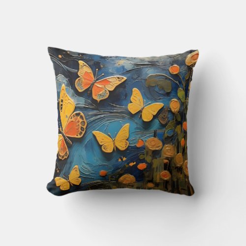 Butterflies and Flowers In The Night Sky Painting Throw Pillow