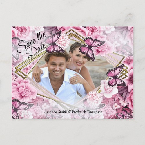 Butterflies and Flowers in varying shades of pink Announcement Postcard