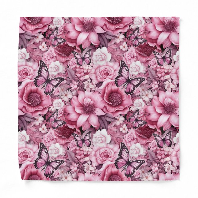 Butterflies and Flowers in varying shades of pink  Bandana (Front)