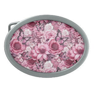 Butterflies and Flowers in varying shades of pink  Belt Buckle