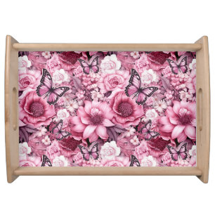 Butterflies and Flowers in varying shades of pink  Serving Tray