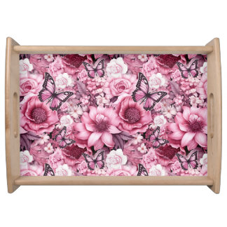 Butterflies and Flowers in varying shades of pink  Serving Tray
