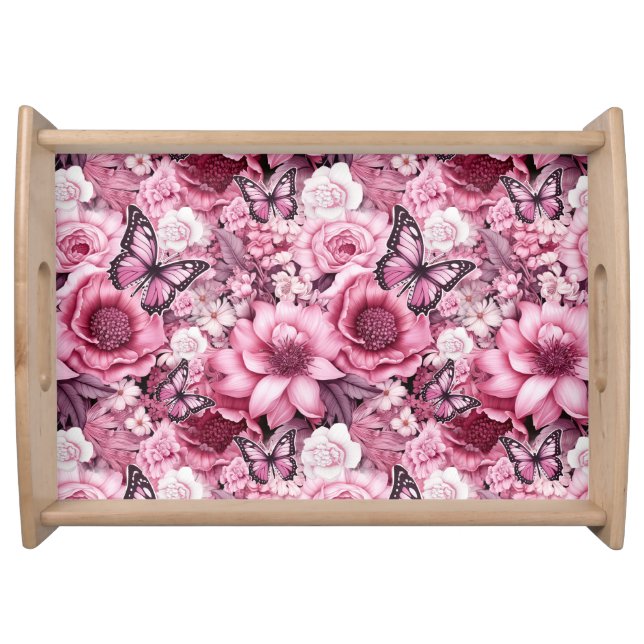 Butterflies and Flowers in varying shades of pink  Serving Tray (Front)