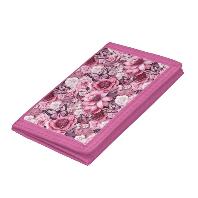 Butterflies and Flowers in varying shades of pink  Trifold Wallet (Bottom)