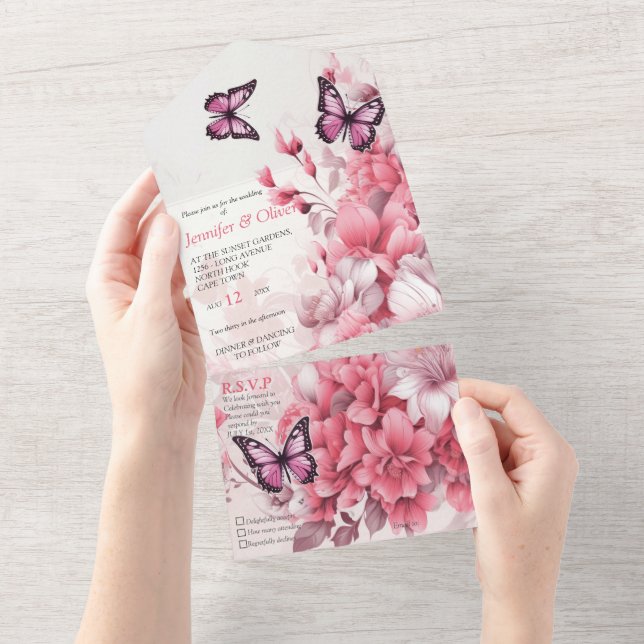 Butterflies and Flowers in varying shades of pinks All In One Invitation (Tearaway)